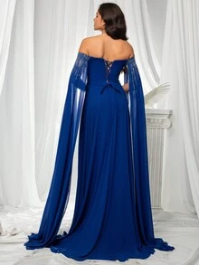 Elegant Off Shoulder Sequined Evening Party Dress - Royal Blue - View 2