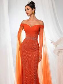 Smilprince 优雅的橙色露肩紧身长礼服，带有串珠装饰和轻薄透明袖子，优雅的派对，女士舞会礼服，正式晚礼服长袖婚礼宾客礼服，适合毕业典礼，晚宴 - 亮橙色 - 查看 6