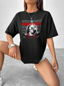 SHEIN Unity Của phụ nữ Lá thư & Tiền In Vòng cổ Áo thun - màu đen - Xem 1