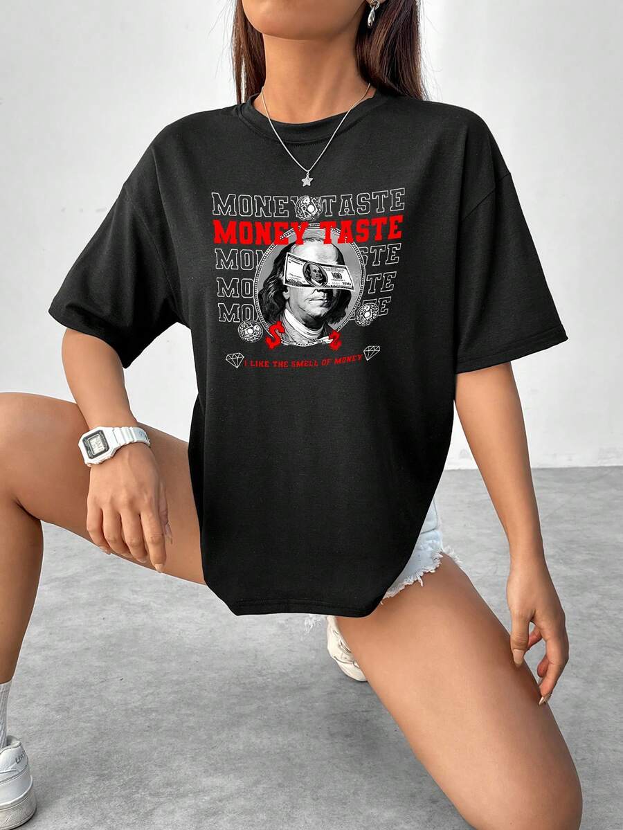 SHEIN Unity Của phụ nữ Lá thư & Tiền In Vòng cổ Áo thun - màu đen - Xem 1