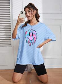 INAWLY Áo thun trễ vai dáng rộng có họa tiết hoạt hình - Màu xanh lam - Xem 7