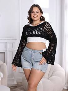 Flirla Hơn Đan Mở Thả vai Áo len Crop Không có áo Top Tube - màu đen - Xem 7