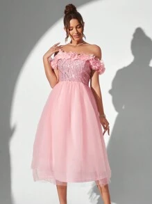 SHEIN Belle 女士露肩 3d 花卉装饰粉色闪光网眼撞色 A 适合约会晚宴鸡尾酒会礼服 - 淺粉色 - 查看 4