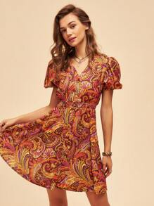 Bohemela 女士假期風格短袖泡泡袖洋裝，印有波斯花紋 - 銅色 - 查看 4