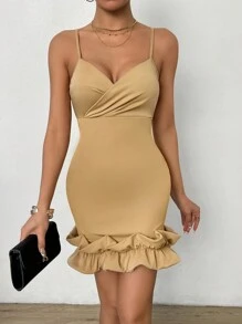 Chiquease Màu thuần Váy bodycon Với Xù Hoa Sen Và Dây đai mỏng - Màu Khaki - Xem 3
