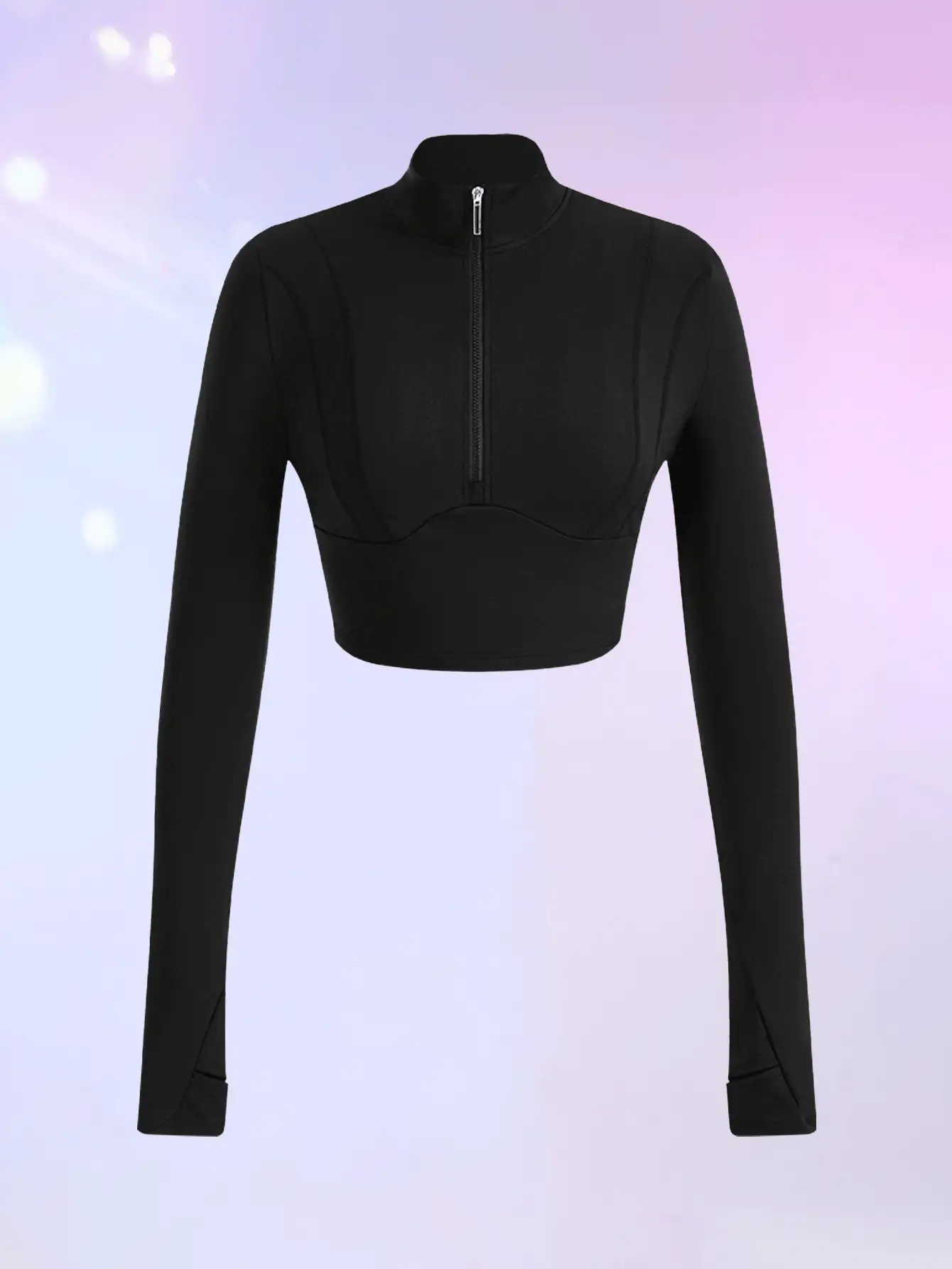 Lifespree 純色拉鍊半拉鍊設計修身運動衫 - 黑色 - 查看 7