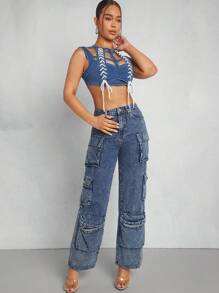 Denimoi Contrast Lace Up Grid Crop Denim Top - White - View 3