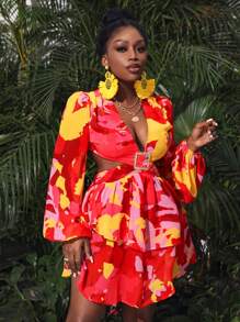 Slaydiva Flower Print Hollow Out Dress - Multicolor - View 3