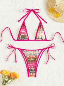 Swim SXY Conjunto de bikini de verano con estampado y ribete contrastante para mujer - Multicolor - Ver 4
