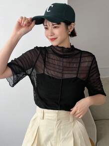 FRIFUL 女士立領透視襯衫 - 黑色 - 查看 3