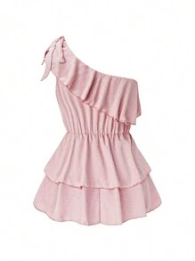 Calvaya Plus Size Solid Color Asymmetrical Collar Ruffle Hem Top - Pink - View 2