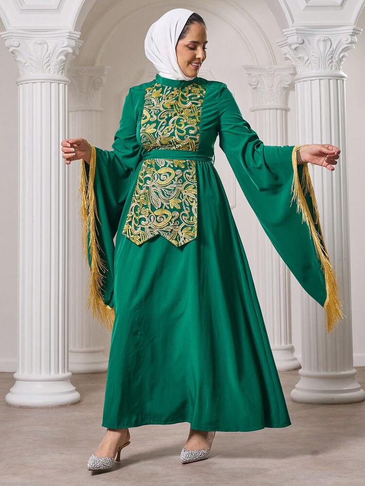 Women's Arabic Style Embroidery Patchwork & Fringe Decorated Flare Sleeve Dress, Elegant Evening Party Dress Kaftan Jalabiya Dress