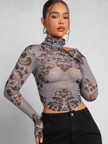 SHEIN Unity Mesh-print Mit Stehkragen Und Durchscheinendem Top