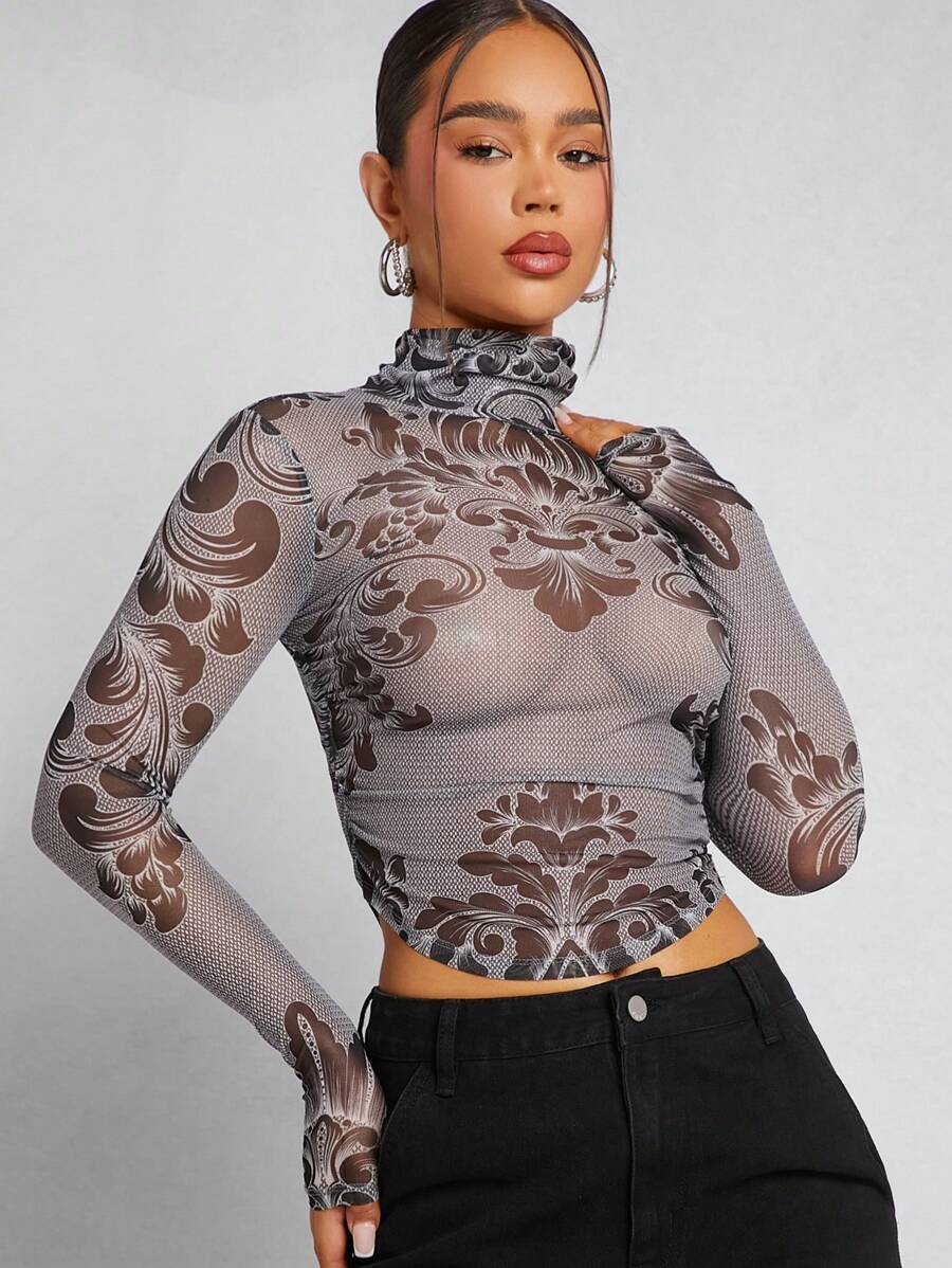 SHEIN Unity Mesh-print Mit Stehkragen Und Durchscheinendem Top