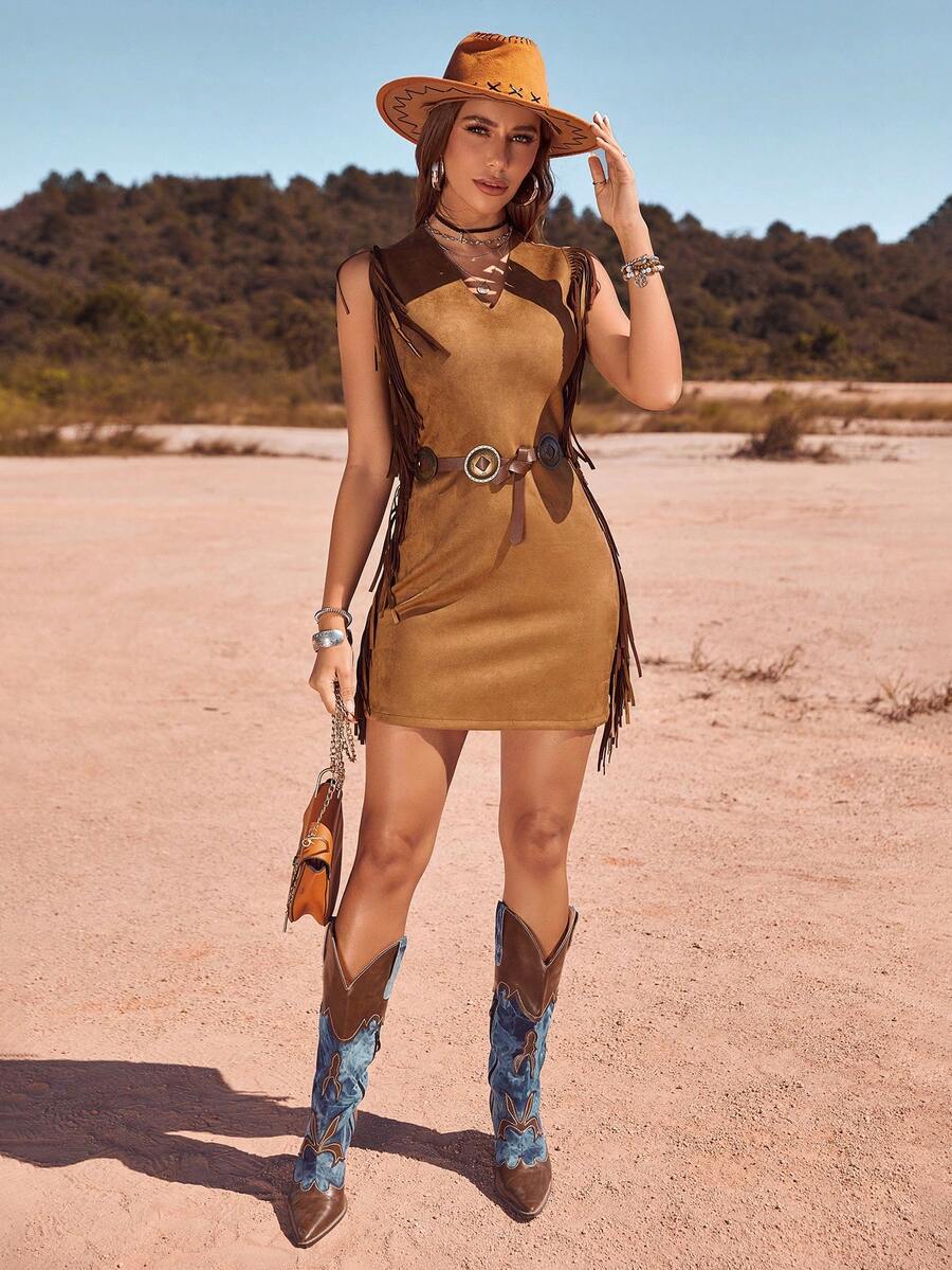 RELISH NOLESS Phụ nữ Xuân Hè Cowgirl Lễ hội Trang phục Đồng quê Hòa nhạc Ngày lễ Trang phục ngoài trời Thường ngày Gợi cảm Boho Kỳ nghỉ Váy tua rua da lộn - Lạc đà - Xem 1