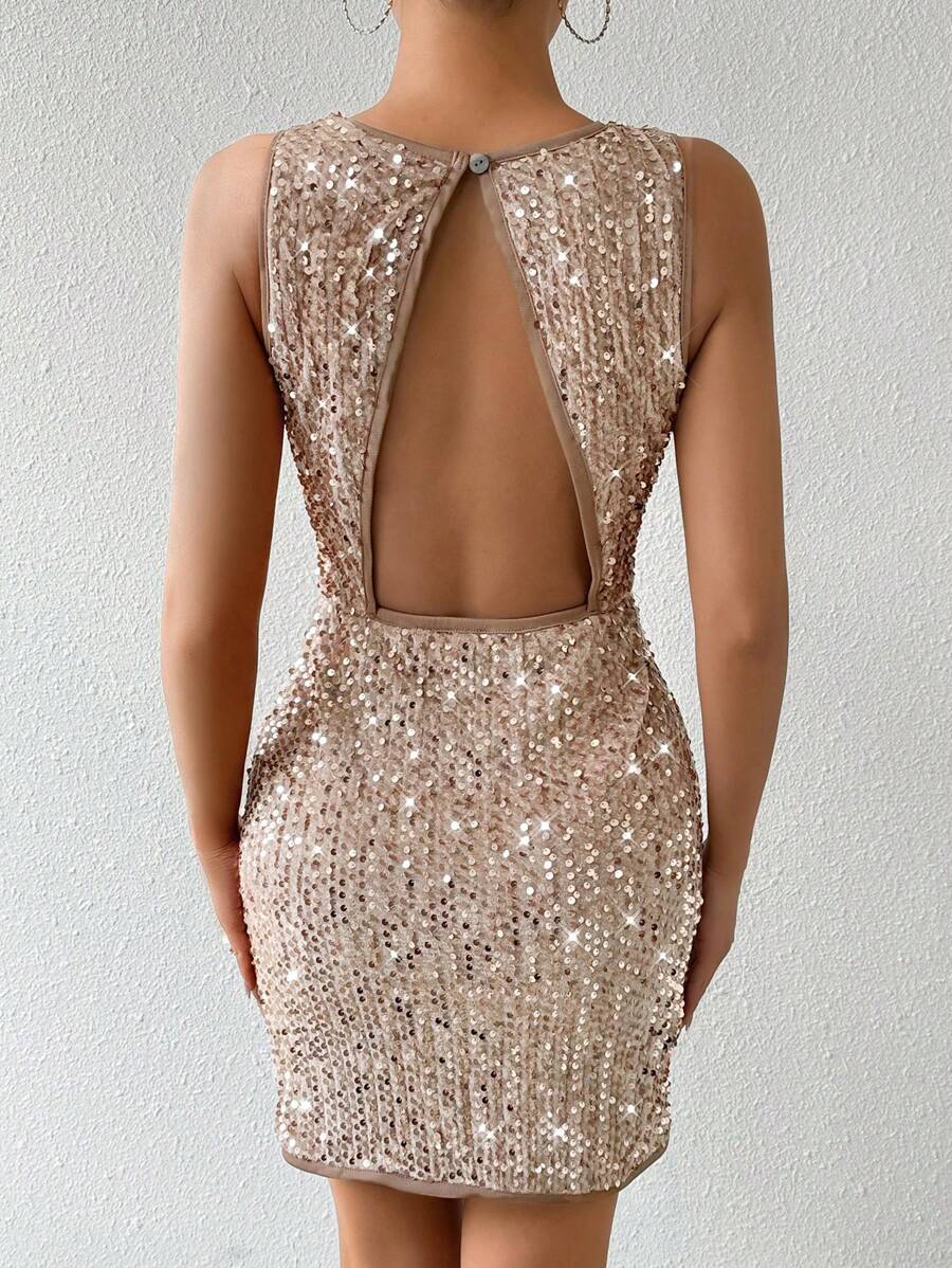 SHEIN ChicEase Của phụ nữ Lấp lánh Không lưng Tách Váy bodycon - Cà phê - Xem 1