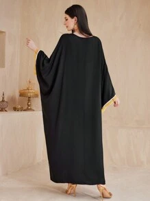 Al Najma Loose Kaftan Dress With Patchwork Floral Print And Tassel Trim - Black - View 2