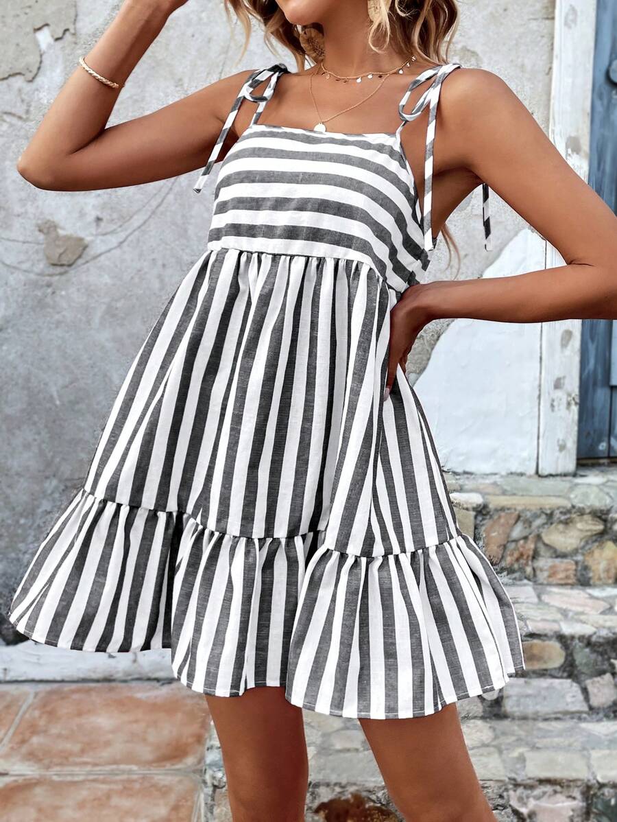 SHEIN VCAY Women's Striped Ruffle Hem Spaghetti Strap Dress - Black and White - View 1