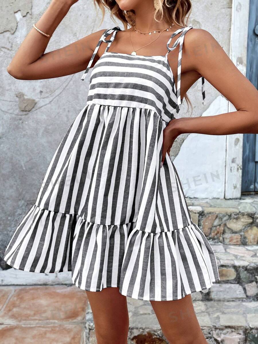 SHEIN VCAY Vestido De Rayas De Espagueti Con Volantes Para Mujeres