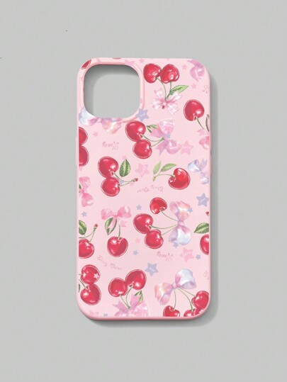 Kawaii 1pc Pink Cherry & Bowknot Design Phone Case Compatible With Apple Iphone 11 12 13 14 15 Pro Max