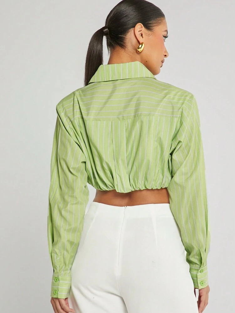 Striped Elastic Hem Crop Shirt