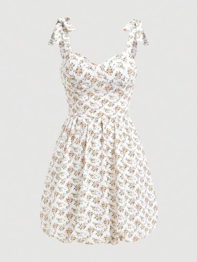 Fairycore Vestido Corto De Primavera/verano Para Mujer Con Estampado Floral Con Correa De Lazo En La Parte Trasera Y Dobladillo En Capullo