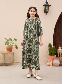 SHEIN 青少女鬆身可愛校園風圓領系帶和蝴蝶結細節中長連衣裙,適合日常穿著 - 綠色 - 查看 4