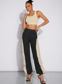 Hauture 高腰休闲拼色褶饰抽绳裤