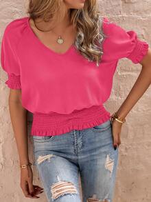 SHEIN LUNE Của phụ nữ Eo Wrapped Màu thuần Cổ chữ V Ngắn tay Áo sơ mi - Màu Hồng  Dưa hấu - Xem 5