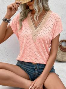 SHEIN LUNE Cổ chữ V Ren Vá lại Dệt Ruy băng tay cánh Áo thun - Hồng - Xem 1