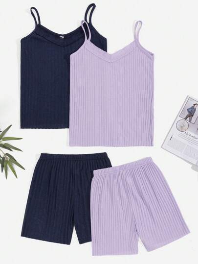 SHEIN 100%Cotton Petite Size 2pcs Women's Cami Top & 2pcs Shorts Lounge Set
