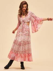 Bohemela 復古風中空腰部印花扇形袖度假裙