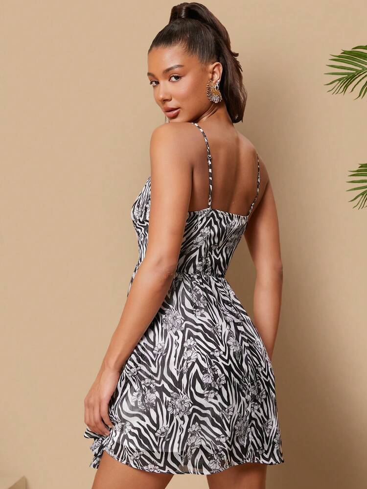 Zebra & Floral Printed V-Neck Spaghetti Strap Dress