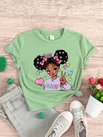 SHEIN Leap Crew Tween Girl Casual Minimalist Portrait Printed Short Sleeve T-Shirt Suitable For Summer