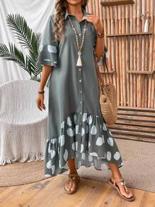 SHEIN LUNE Ladies' Polka Dot Printed Ruffle Sleeve Dress - Green - View 4