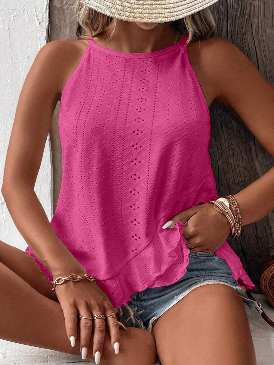 SHEIN LUNE 大码女式夏季纯色露背荷叶边下摆背心 - 玫紅色 - 查看 1