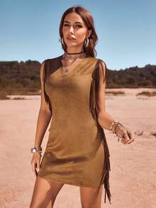 RELISH NOLESS Phụ nữ Xuân Hè Cowgirl Lễ hội Trang phục Đồng quê Hòa nhạc Ngày lễ Trang phục ngoài trời Thường ngày Gợi cảm Boho Kỳ nghỉ Váy tua rua da lộn - Lạc đà - Xem 5