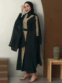 Al Najma Women's Floral Applique Decorated Floor Length V-Neck Turkish Dress With High Slits Kaftan Jalabiya Dress - Black - View 5