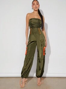 Denimoi Contrast Ruched Tube Cargo Jumpsuit - Green - View 5