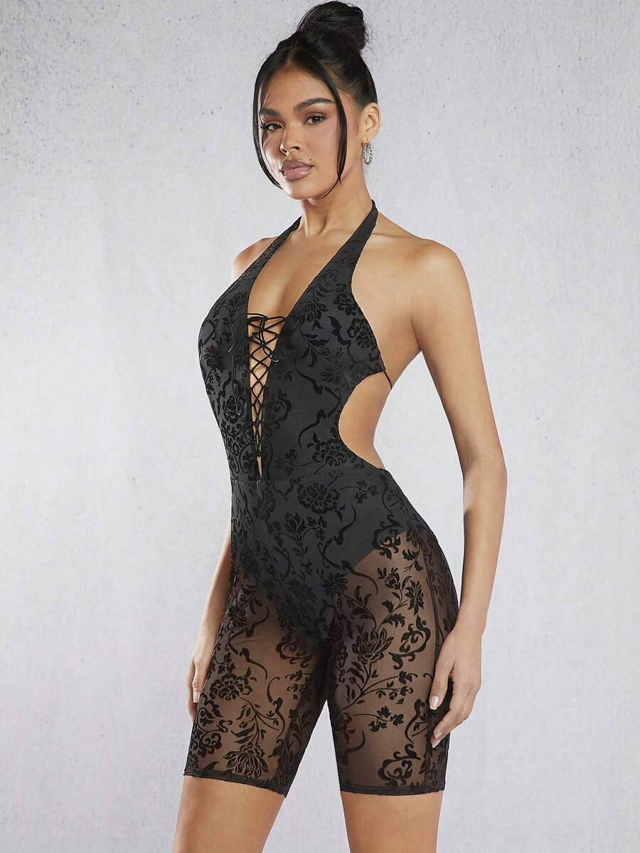 Hauture 女性花卉網眼綁帶後背無袖吊帶連體裤 - 黑色 - 查看 1