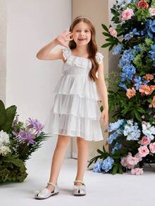 SHEIN Young Girl Square Neckline, Flutter Sleeves, Ruffle Trim Decorated Multi-Layered Cake Dress Dress - White - View 4