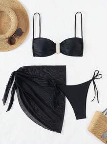 SHEIN Swim 女士纯色褶皱两件套比基尼套装夏季海滩 - 黑色 - 查看 1