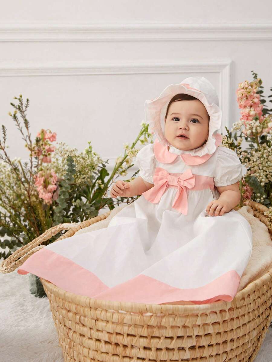 SHEIN Neugeborenes Baby Mädchen Kleid mit Kontrastfarben Peter Pan Kragen und Balonaärmeln, 2-teiliges Set mit Hut - Verschiedenfarbig - Übersicht 1