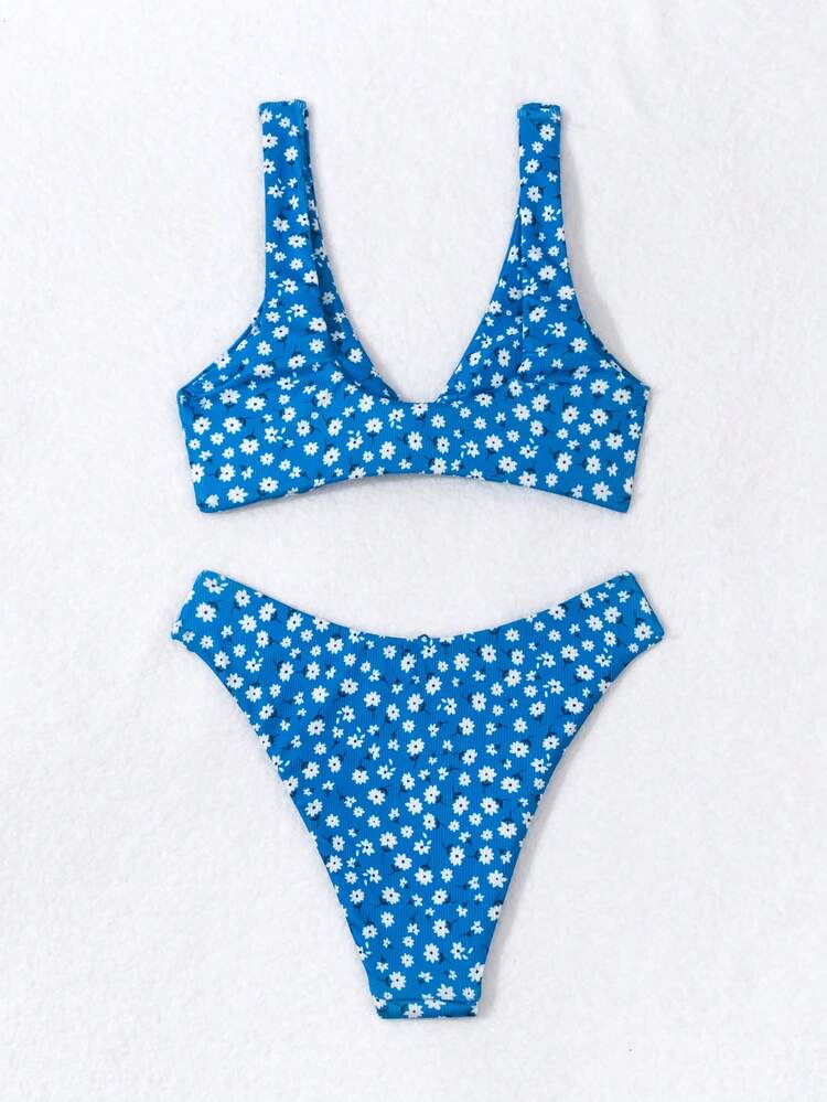 Summer Floral Print Knot Front Bikini Set
