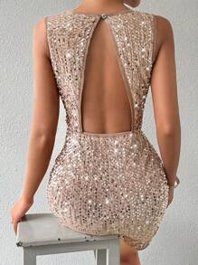 SHEIN ChicEase Của phụ nữ Lấp lánh Không lưng Tách Váy bodycon - Cà phê - Xem 2