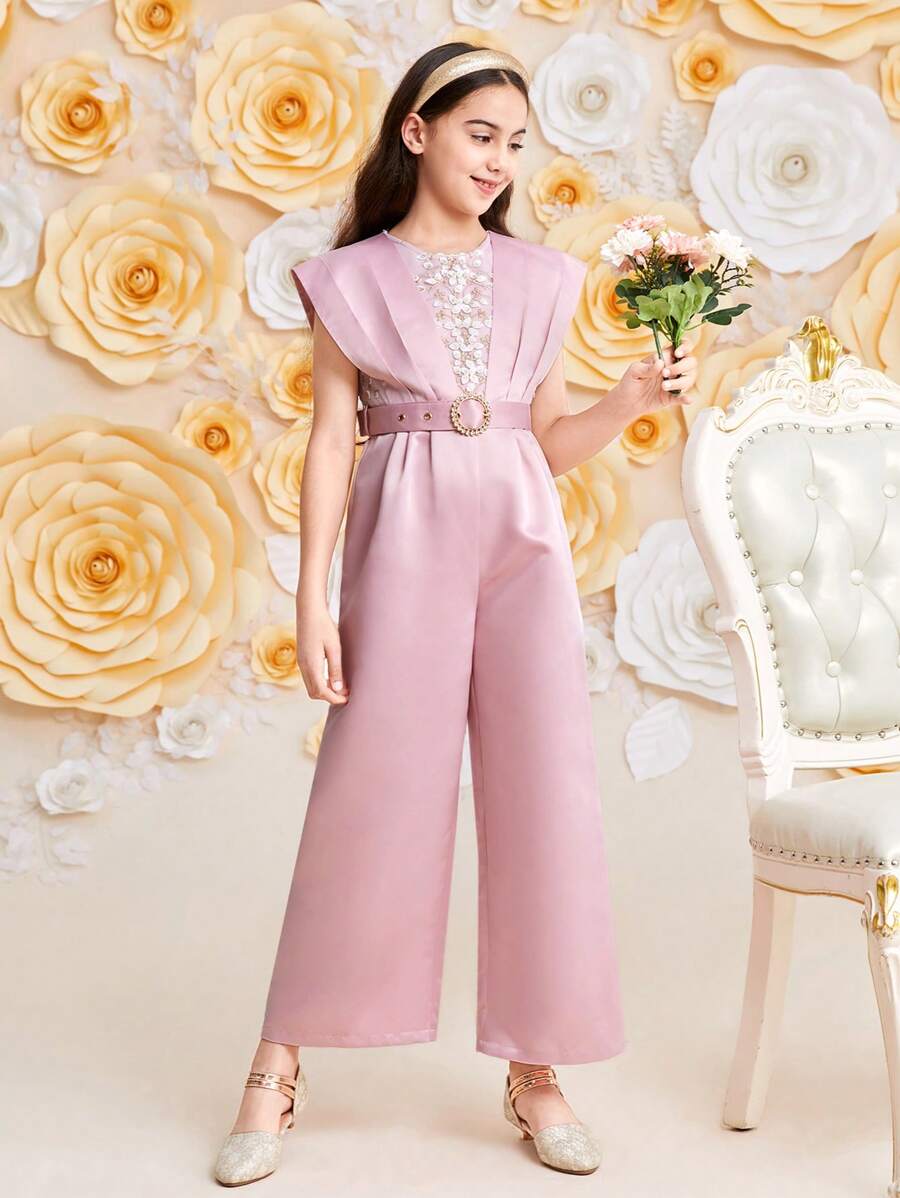 SHEIN Leap Crew DRMZ Tween Girl Tween Girl Casual Lace Splice Jumpsuit With Belted Waist And Wide Leg - Pink - View 1