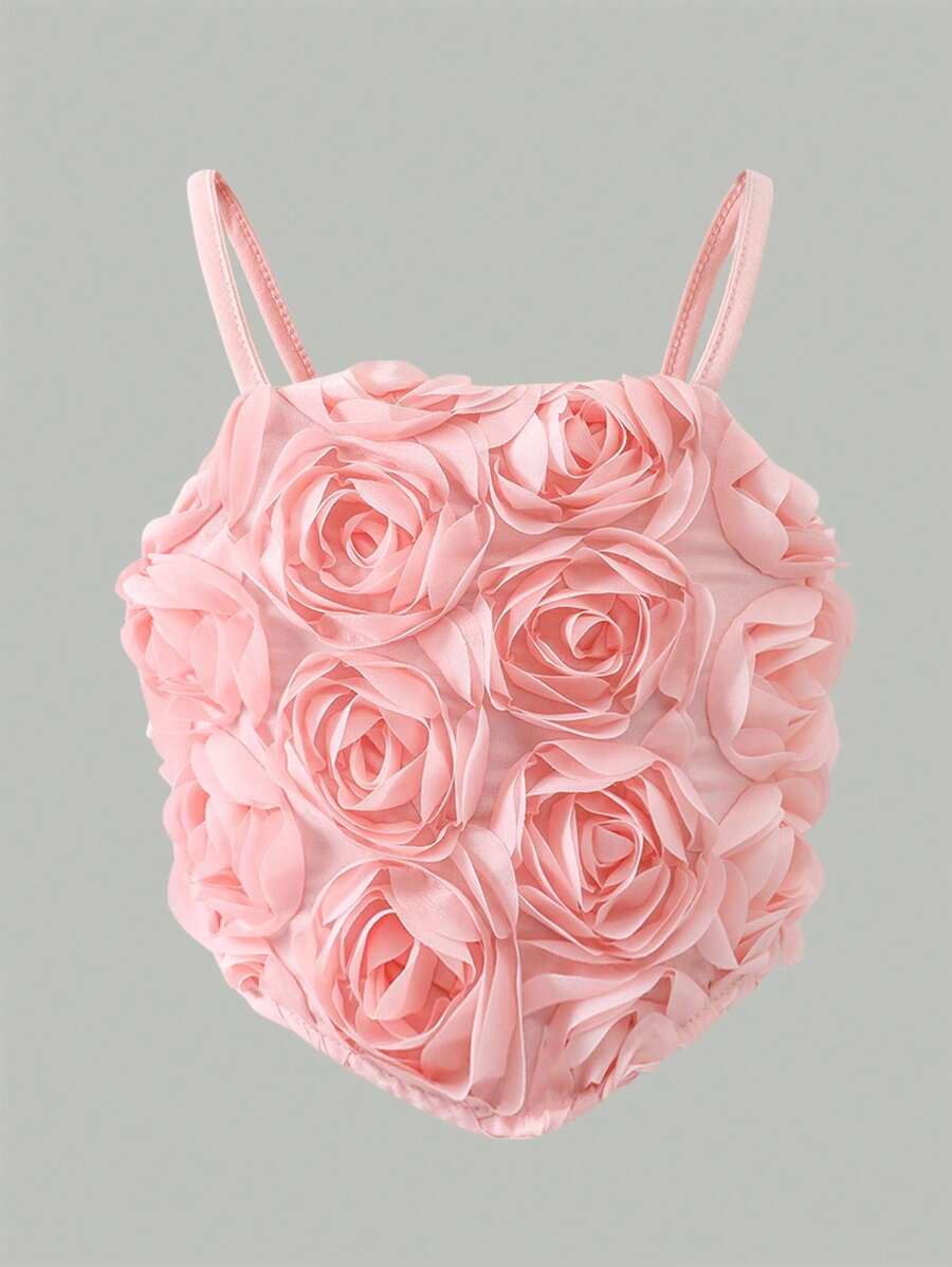 SHEIN Young Girls Elegant 3D Rose Banquet Camisole Top For Wedding Season - Pink - View 1