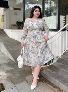 Dazy Plus Plus-size jurk met allover print en tailleband, ruches