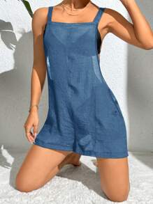 Swim Vcay 纯色方领无袖罩衫连体衣，适合度假、夏季海滩穿着