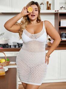 Flirla Plus Size Hollow Out Knitted Spaghetti Strap Sweater Dress - White - View 1